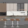 Modern Kitchen Interior With Marble Island Counter Wooden Cabinets Pendant Lights And Stools