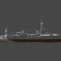 Large Gray Military Battleship with Turrets Mast and Deck on Water