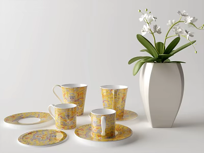 Elegant Tea Set Featuring Patterned Yellow And White Cups Saucers White Vase White Orchids 3d model