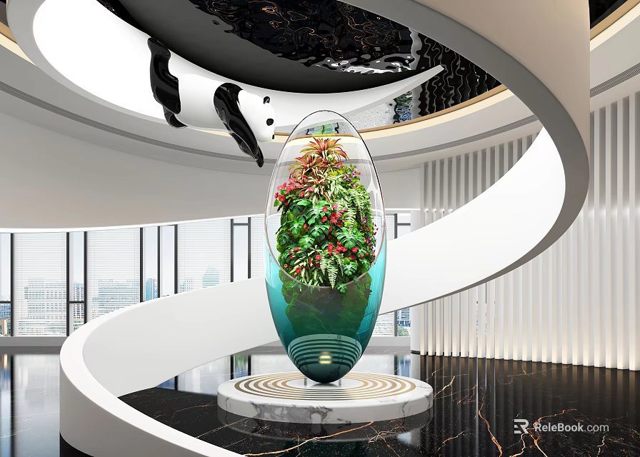 Modern Lobby Design With Spiral Staircase And Large Glass Plant Art 3d model 