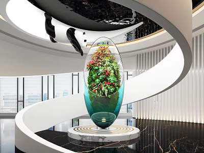 Modern Lobby Design With Spiral Staircase And Large Glass Plant Art 3d model