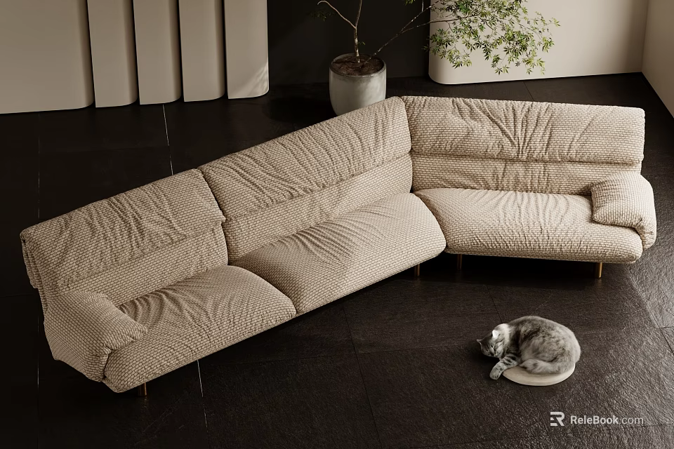 Beige Modern Sectional Sofa Upholstered With Metal Legs Potted Plant And Cat On Cushion 3d model 