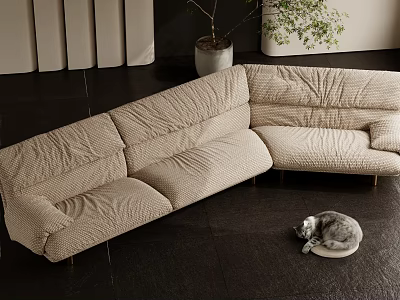 Beige Modern Sectional Sofa Upholstered With Metal Legs Potted Plant And Cat On Cushion 3d model