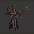 Woman with Golden Wings in Purple Outfit Wearing Golden Headdress Holding Purple Staff