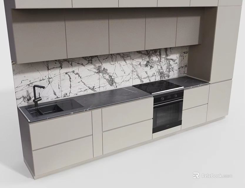 Modern Kitchen Interior Featuring Marble Backsplash Dark Countertop Sink Oven And Cabinets 3d model