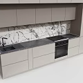 Modern Kitchen Interior Featuring Marble Backsplash Dark Countertop Sink Oven And Cabinets 3d model