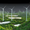 Stunning Lush Green Mountain Forest Scenery With Vast Wind Power Farm Under Clear Blue Sky