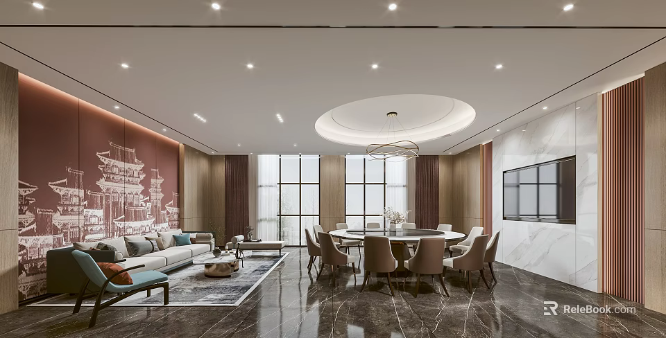 Elegant Private Room Modern Interior With Sofa Dining Table Large Windows And Marble Floor 3d model 