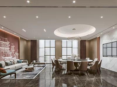 Elegant Private Room Modern Interior With Sofa Dining Table Large Windows And Marble Floor 3d model