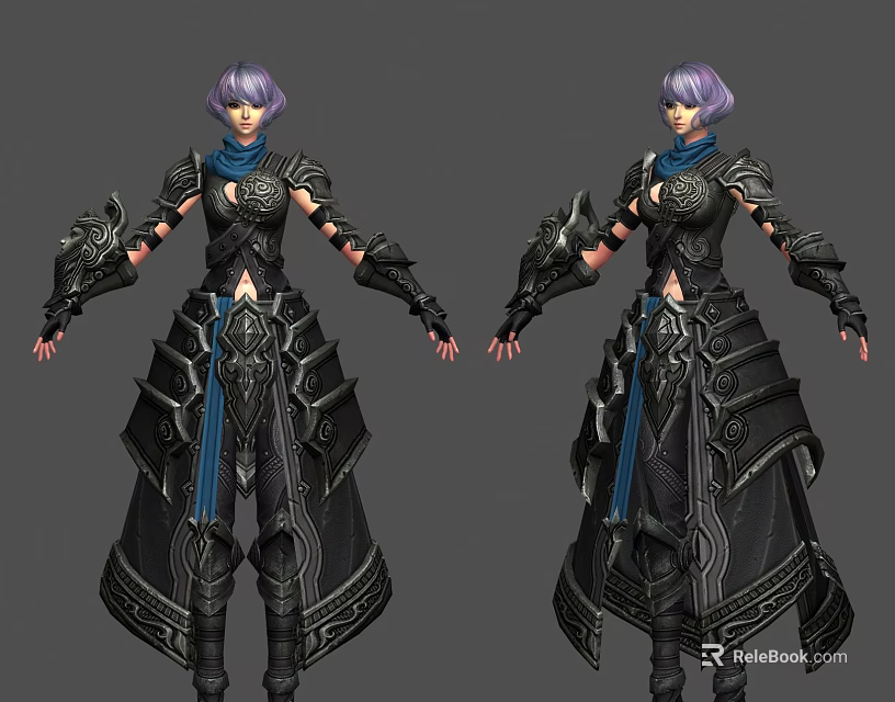Game and Movie Character With Purple Hair Black Armor and Blue Accents 3d model 