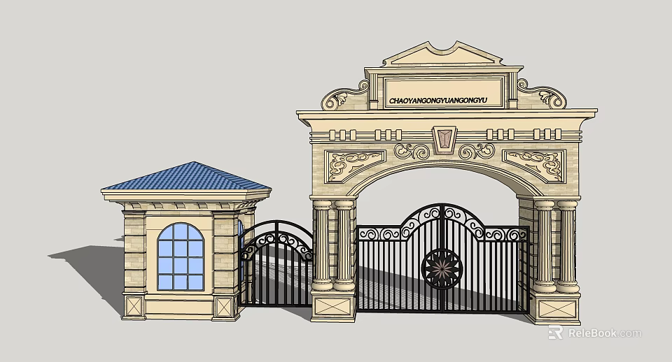 Classical Carved Archway Gate with Wrought Iron Design Blue Roof Gatehouse and Window 3d model 