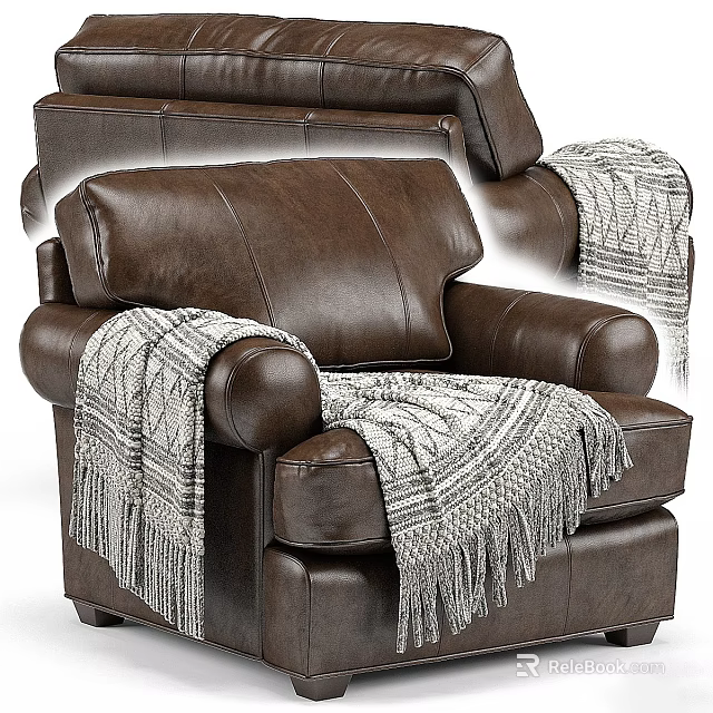 Modern Comfortable Brown Single Leather Sofa With Knitted Fringe Blanket 3d model 