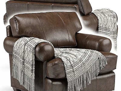 Modern Comfortable Brown Single Leather Sofa With Knitted Fringe Blanket 3d model