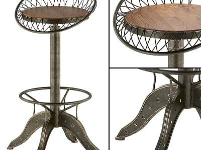 Vintage Metal Frame Bar Stool With Round Wooden Seat And Riveted Leg Design 3d model