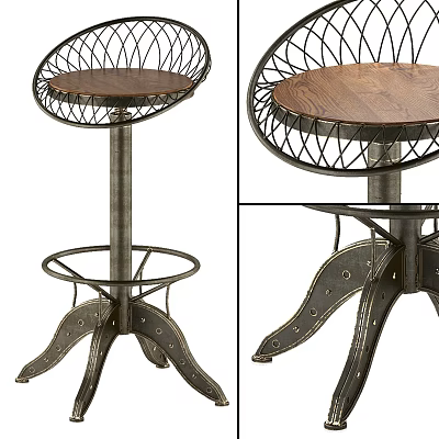Vintage Metal Frame Bar Stool With Round Wooden Seat And Riveted Leg Design 3d model