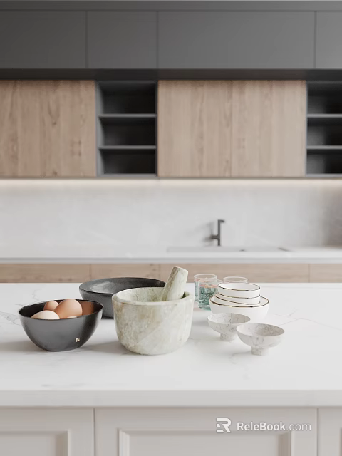Elegant Modern Open Kitchen Interior With Island Counter Cabinets And Appliances 3d model 