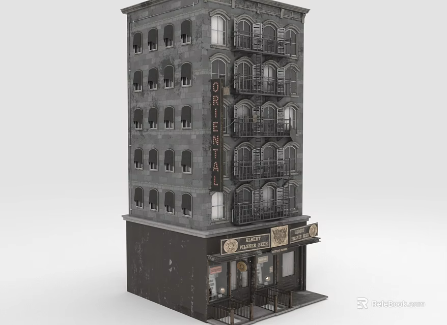Classic Oriental Multi Story Building With Multiple Windows Balconies And Ground Floor Storefronts 3d model 
