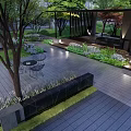 Modern Outdoor Pergola Design With Wooden Deck Black Stools And Ambient Lighting
