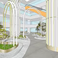 Elegant Modern Interior Space With Arched Structures Circular Platforms And Green Plants 3d model