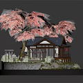 Traditional Architecture With Pink Cherry Blossom Trees Blue Roof Small Bridge Stream And Stone Lantern