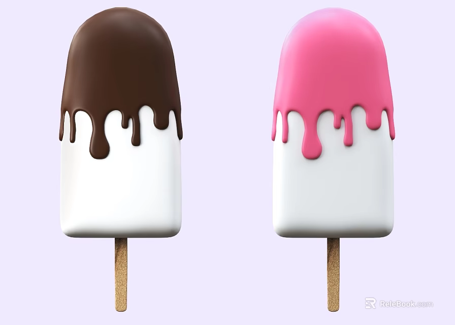 Two Ice Cream Bars With White Base And Chocolate Pink Dripping Sauce On Sticks 3d model 