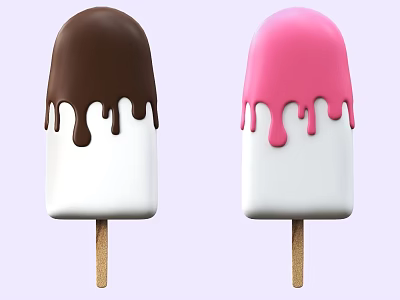 Two Ice Cream Bars With White Base And Chocolate Pink Dripping Sauce On Sticks 3d model