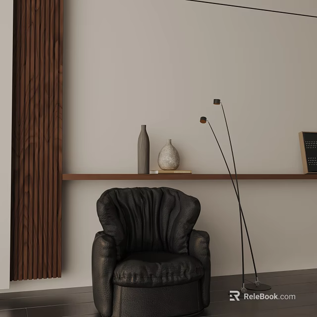 Modern Floor Lamp Beside Black Leather Chair With Wooden Shelf Vases And Light Colored Wall 3d model 