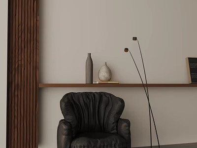 Modern Floor Lamp Beside Black Leather Chair With Wooden Shelf Vases And Light Colored Wall 3d model