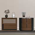 Wooden Bedside Tables With Woven Texture Dark Wood Drawers And Decorative Vase Lantern