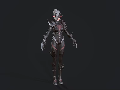 Female Elf Warrior in Black Armored Suit with Pointed Ears Standing in Dark Background 3d model