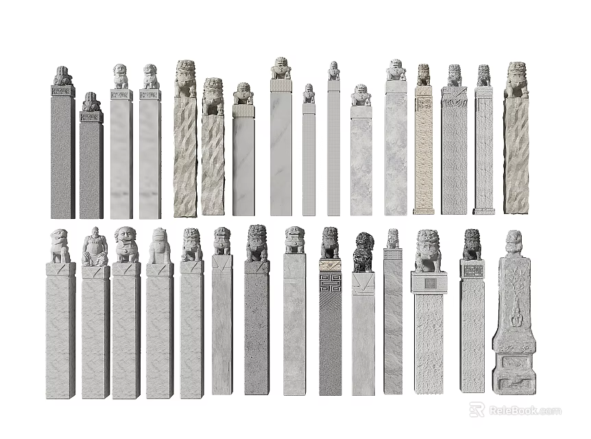 Different Styles Of Stone Columns With Carved Designs And Decorative Tops Collection 3d model 