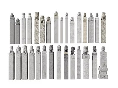 Different Styles Of Stone Columns With Carved Designs And Decorative Tops Collection 3d model