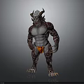 3D Fantasy Creature With Horns White Hair Spotted Skin Muscular Body Red Loincloth And Claws