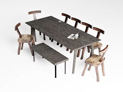 Rustic Wooden Dining Table Set With Chairs And Matching Bench 3d model