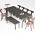 Rustic Wooden Dining Table Set With Chairs And Matching Bench 3d model