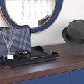 Elegant Decorative Ornament Set With Tray Diffuser Candle Jar On Wooden Tabletop And Blue Cabinets
