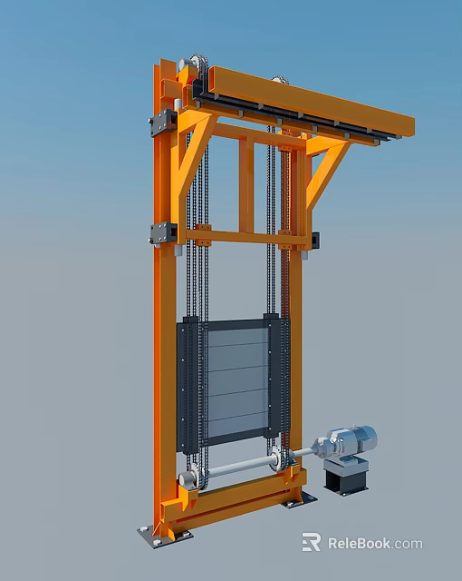Industrial Lifting Equipment With Yellow Metal Frame Chain System And Electric Motor Platform Panel 3d model 