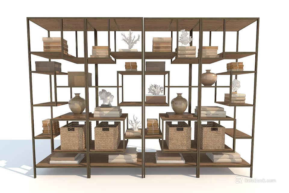 Industrial Style Metal Frame Bookcase with Wicker Baskets Vases Books and Coral Decor on Shelves 3d model 