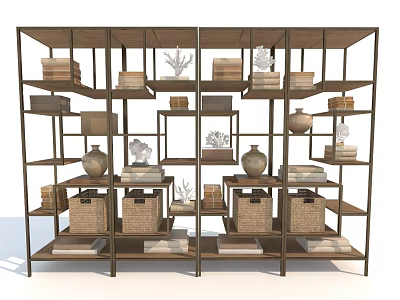 Industrial Style Metal Frame Bookcase with Wicker Baskets Vases Books and Coral Decor on Shelves 3d model
