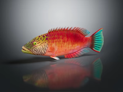 Vibrant Tropical Aquatic Animal With Red Green Scales Striped Pattern And Colorful Fins 3d model