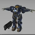 Blue Robot With Yellow Head And Rusted Armor Standing Beside Large Gun