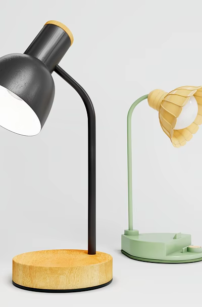 Modern Table Lamps With Black Green Bases Wooden Metal Arms And Unique Shade Designs 3d model