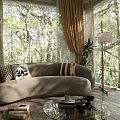 Sunny Living Room With Beige Sofa Decorative Pillows Yellow Curtains Large Windows And Forest View