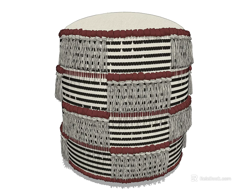 Woven Stool Featuring Layered Stripes White Black And Red Decorative Design 3d model