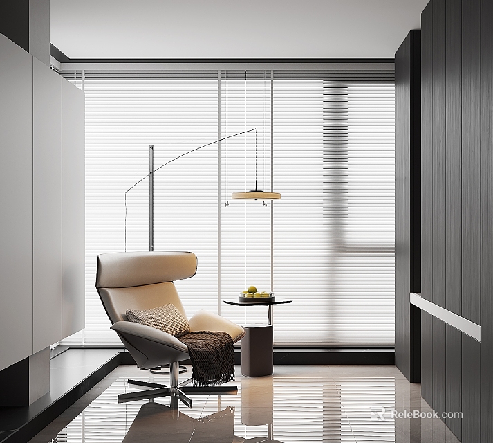 Modern Leisure Chair in Minimalist Interior with Side Table Floor Lamp and Window Blinds 3d model 