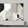 Two Modern Abstract Paintings Black White Gray Hanging On Wall With Vase And Tea Set