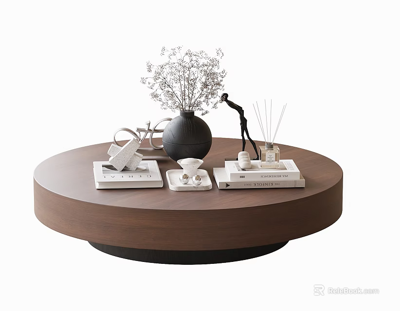 Stylish Round Brown Wooden Coffee Table with Black Vase Dried Flowers Books Aromatherapy and Decor 3d model 