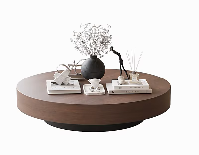 Stylish Round Brown Wooden Coffee Table with Black Vase Dried Flowers Books Aromatherapy and Decor 3d model