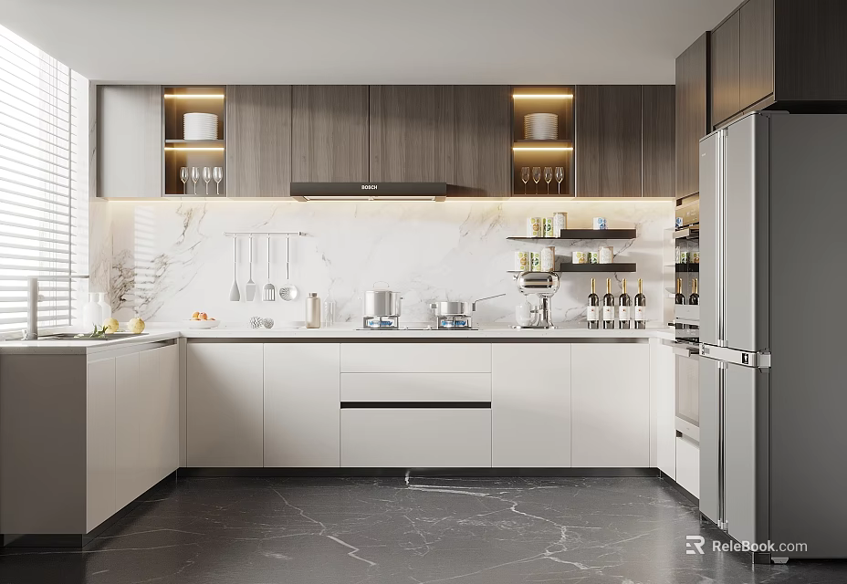 Modern Kitchen Interior With Gray And White Cabinets Marble Countertop And Built-in Appliances 3d model 