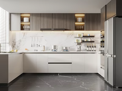 Modern Kitchen Interior With Gray And White Cabinets Marble Countertop And Built-in Appliances 3d model